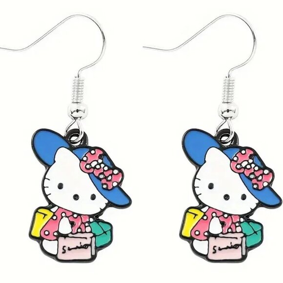 Sanrio Hello Kitty Earrings Enamel Glam Hat Dangle Silver Tone Goth Emo Scene - Picture 2 of 2